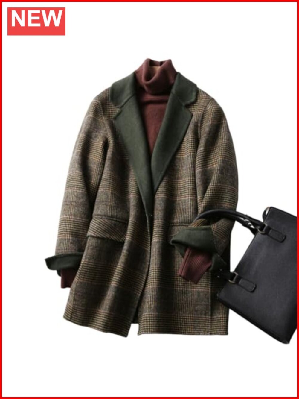 Wool Plaid V-Neck Blazer Coat Mid-Length Loose Fit